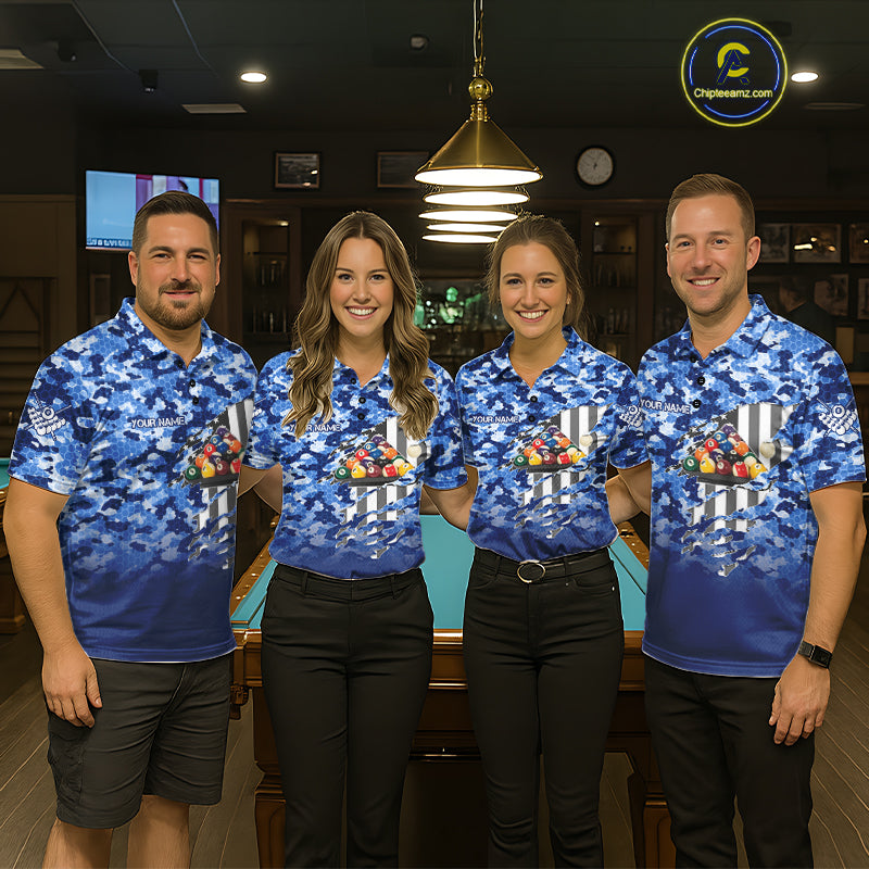 Personalized Blue Camo American Flag Billiard Shirts For Men Patriotic 8 Ball Pool Team Jersey TDM7339