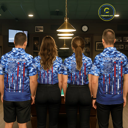 Personalized Blue Camo American Flag Billiard Shirts For Men Patriotic 8 Ball Pool Team Jersey TDM7339