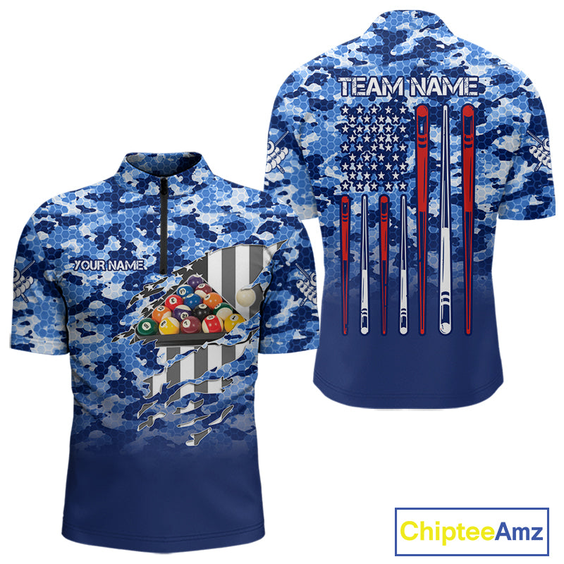 Personalized Blue Camo American Flag Billiard Shirts For Men Patriotic 8 Ball Pool Team Jersey TDM7339