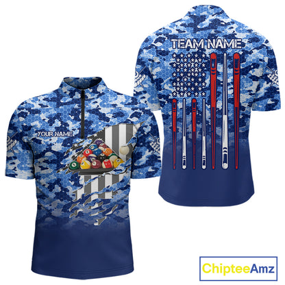 Personalized Blue Camo American Flag Billiard Shirts For Men Patriotic 8 Ball Pool Team Jersey TDM7339