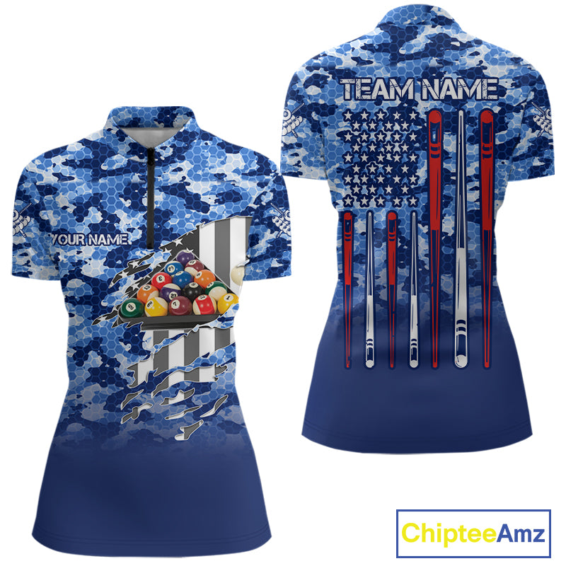 Personalized Blue Camo American Flag Billiard Shirts For Women Patriotic 8 Ball Pool Team Jersey TDM7339