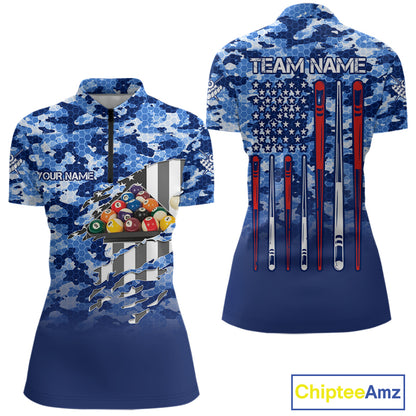 Personalized Blue Camo American Flag Billiard Shirts For Women Patriotic 8 Ball Pool Team Jersey TDM7339