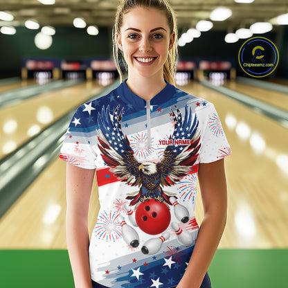 Personalized American Flag Eagle Bowling Jersey For Women Custom Patriotic Bowling Team Shirts TDM7655