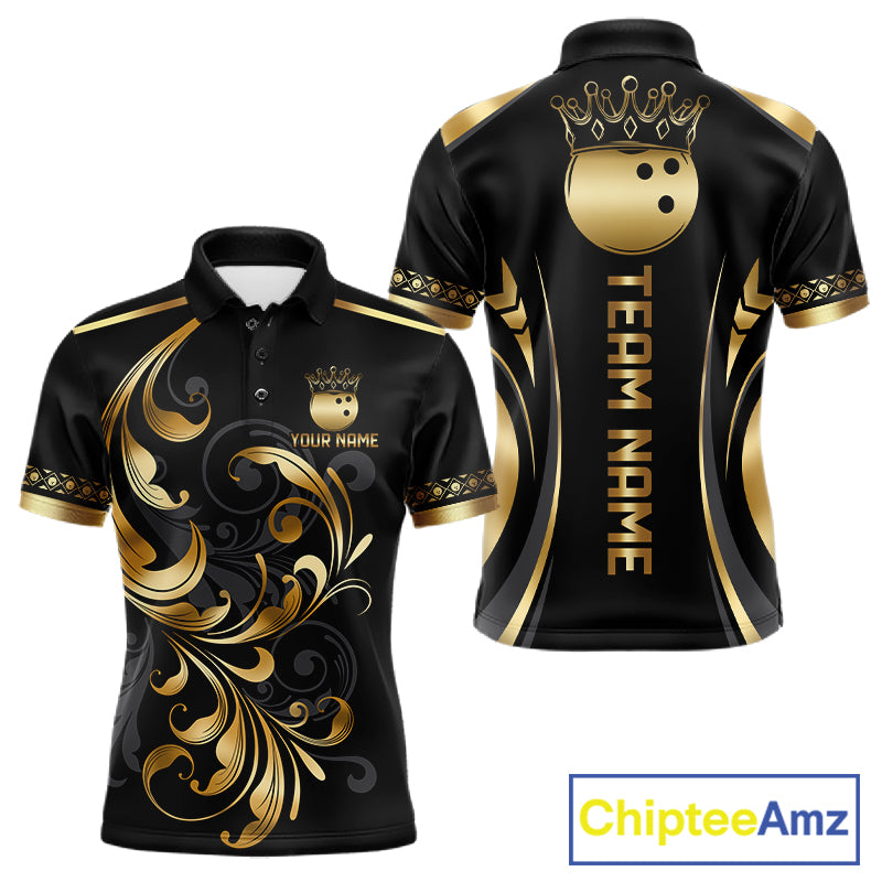 Custom Black And Gold Crown Swirl Bowling Shirts For Men Bowling League Team Jersey Polo, 1/4 Zip TDM7656