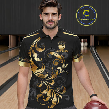 Custom Black And Gold Crown Swirl Bowling Shirts For Men Bowling League Team Jersey Polo, 1/4 Zip TDM7656