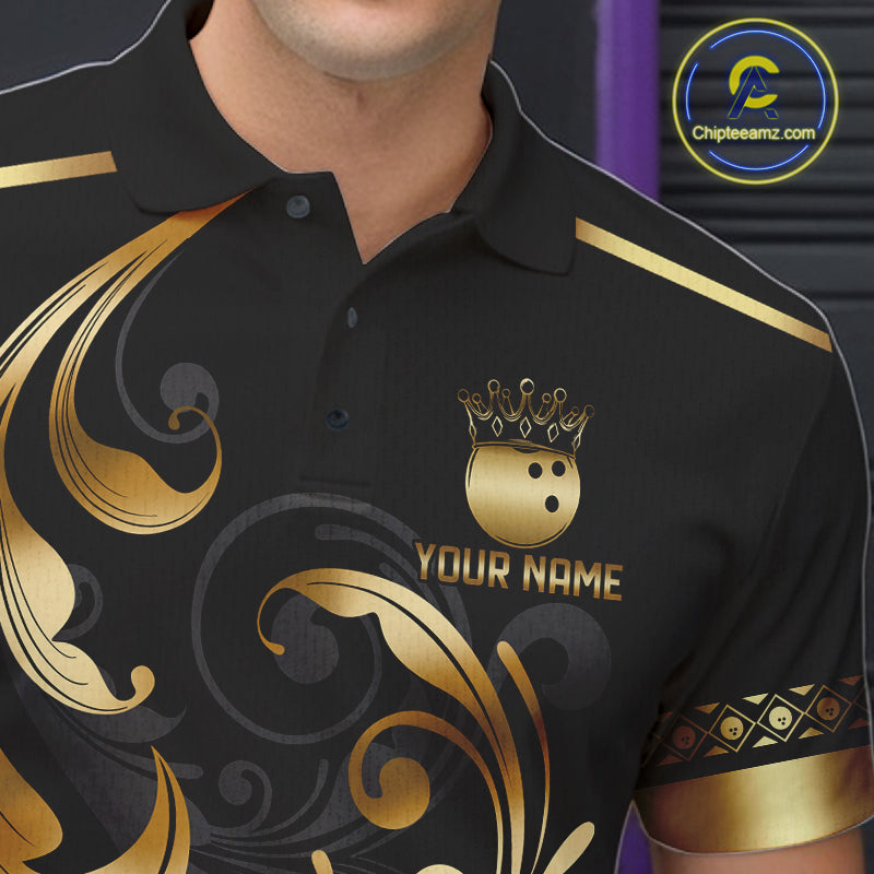 Custom Black And Gold Crown Swirl Bowling Shirts For Men Bowling League Team Jersey Polo, 1/4 Zip TDM7656