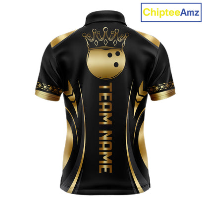 Custom Black And Gold Crown Swirl Bowling Shirts For Men Bowling League Team Jersey Polo, 1/4 Zip TDM7656