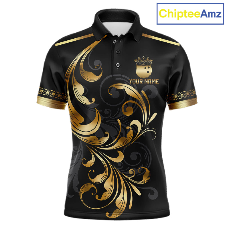 Custom Black And Gold Crown Swirl Bowling Shirts For Men Bowling League Team Jersey Polo, 1/4 Zip TDM7656