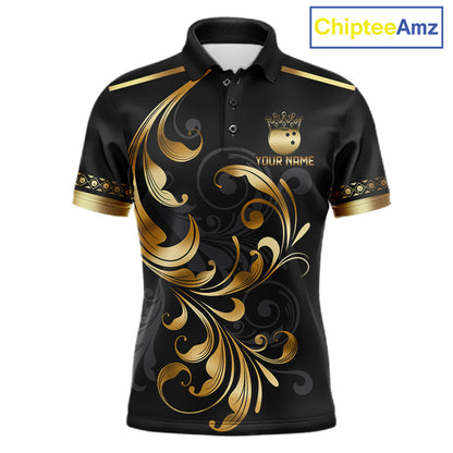 Custom Black And Gold Crown Swirl Bowling Shirts For Men Bowling League Team Jersey Polo, 1/4 Zip TDM7656