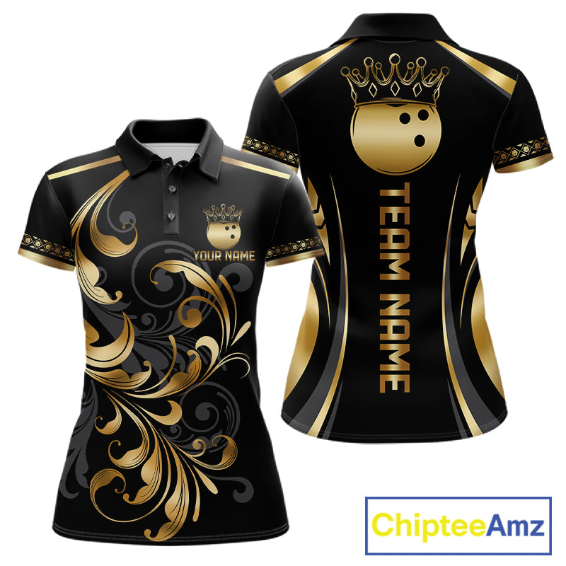 Custom Black And Gold Crown Swirl Bowling Shirts For Women Bowling League Team Jersey Polo, 1/4 Zip TDM7656