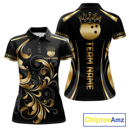 Custom Black And Gold Crown Swirl Bowling Shirts For Women Bowling League Team Jersey Polo, 1/4 Zip TDM7656