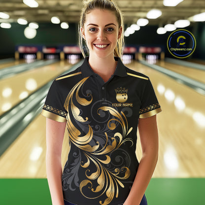 Custom Black And Gold Crown Swirl Bowling Shirts For Women Bowling League Team Jersey Polo, 1/4 Zip TDM7656