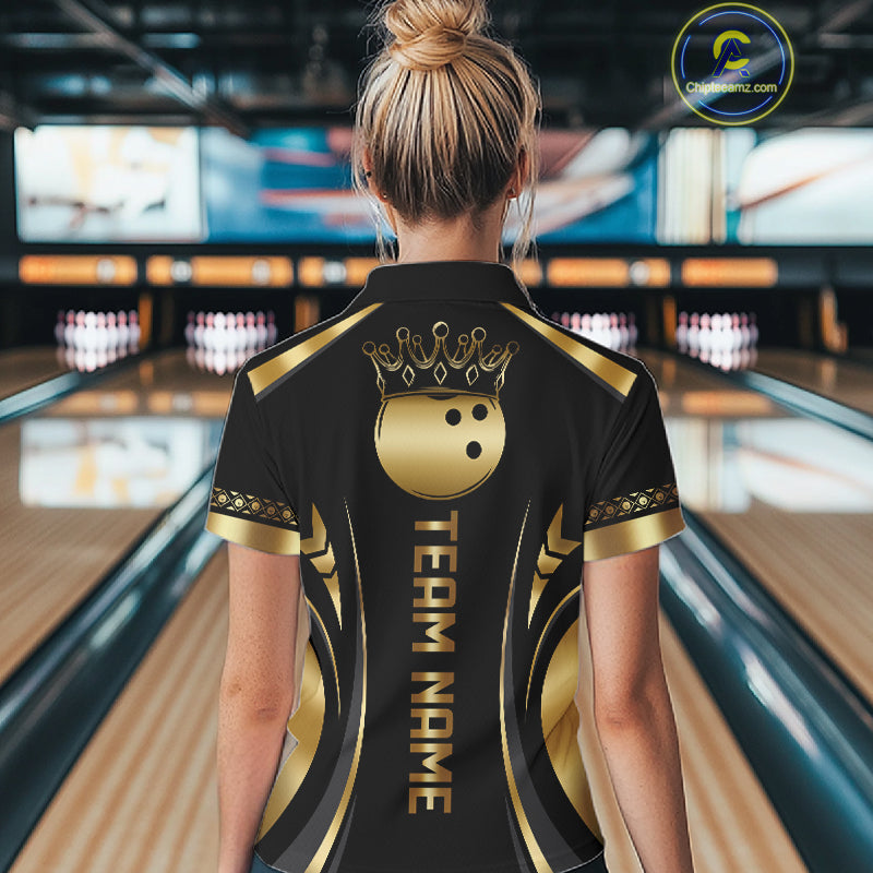 Custom Black And Gold Crown Swirl Bowling Shirts For Women Bowling League Team Jersey Polo, 1/4 Zip TDM7656