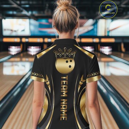 Custom Black And Gold Crown Swirl Bowling Shirts For Women Bowling League Team Jersey Polo, 1/4 Zip TDM7656