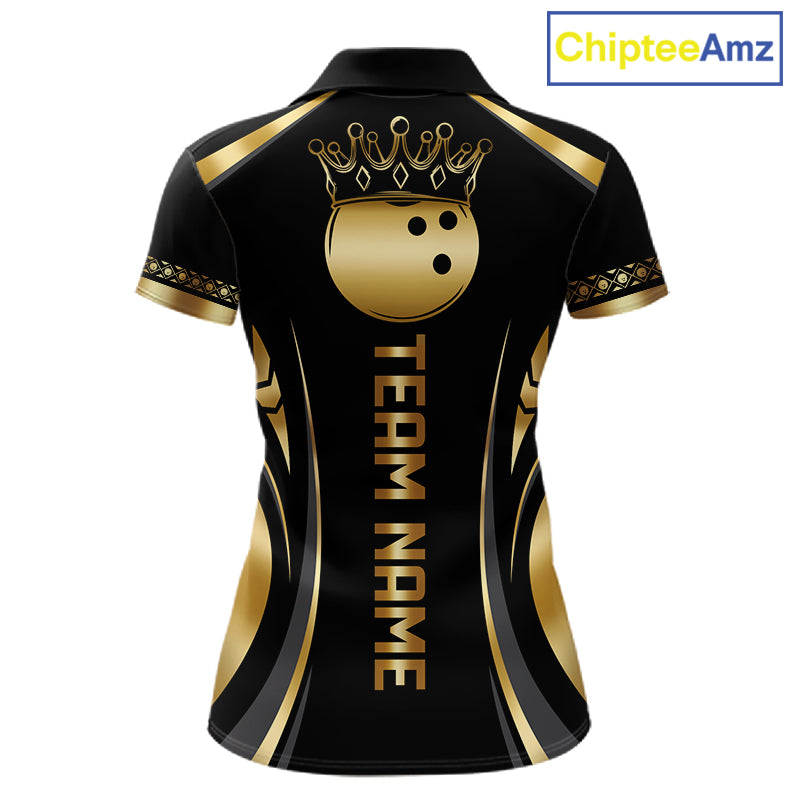 Custom Black And Gold Crown Swirl Bowling Shirts For Women Bowling League Team Jersey Polo, 1/4 Zip TDM7656