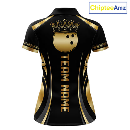 Custom Black And Gold Crown Swirl Bowling Shirts For Women Bowling League Team Jersey Polo, 1/4 Zip TDM7656