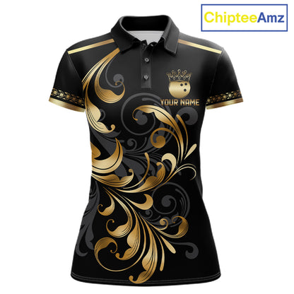 Custom Black And Gold Crown Swirl Bowling Shirts For Women Bowling League Team Jersey Polo, 1/4 Zip TDM7656