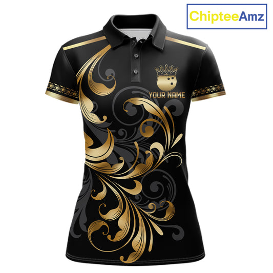 Custom Black And Gold Crown Swirl Bowling Shirts For Women Bowling League Team Jersey Polo, 1/4 Zip TDM7656