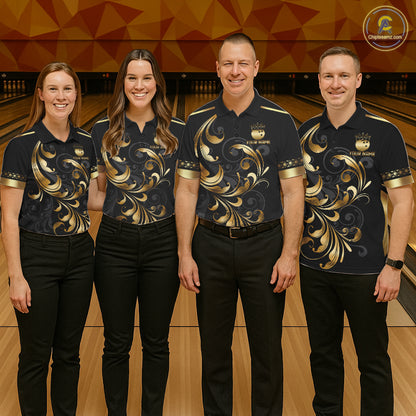 Custom Black And Gold Crown Swirl Bowling Shirts For Men Bowling League Team Jersey Polo, 1/4 Zip TDM7656