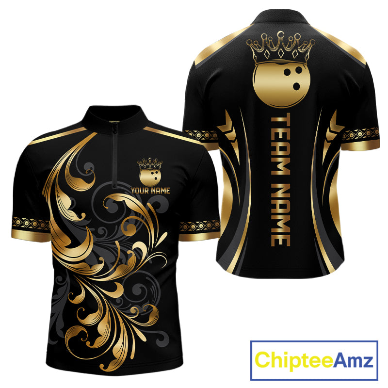 Custom Black And Gold Crown Swirl Bowling Shirts For Men Bowling League Team Jersey Polo, 1/4 Zip TDM7656