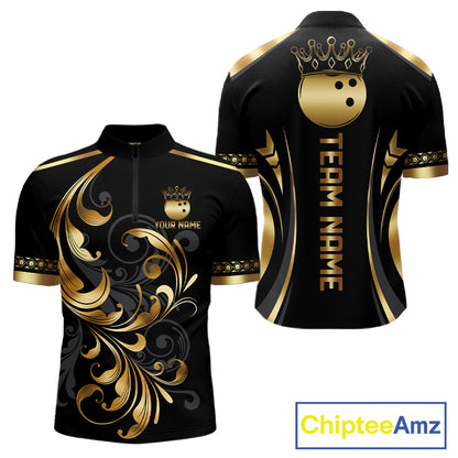 Custom Black And Gold Crown Swirl Bowling Shirts For Men Bowling League Team Jersey Polo, 1/4 Zip TDM7656
