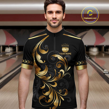 Custom Black And Gold Crown Swirl Bowling Shirts For Men Bowling League Team Jersey Polo, 1/4 Zip TDM7656