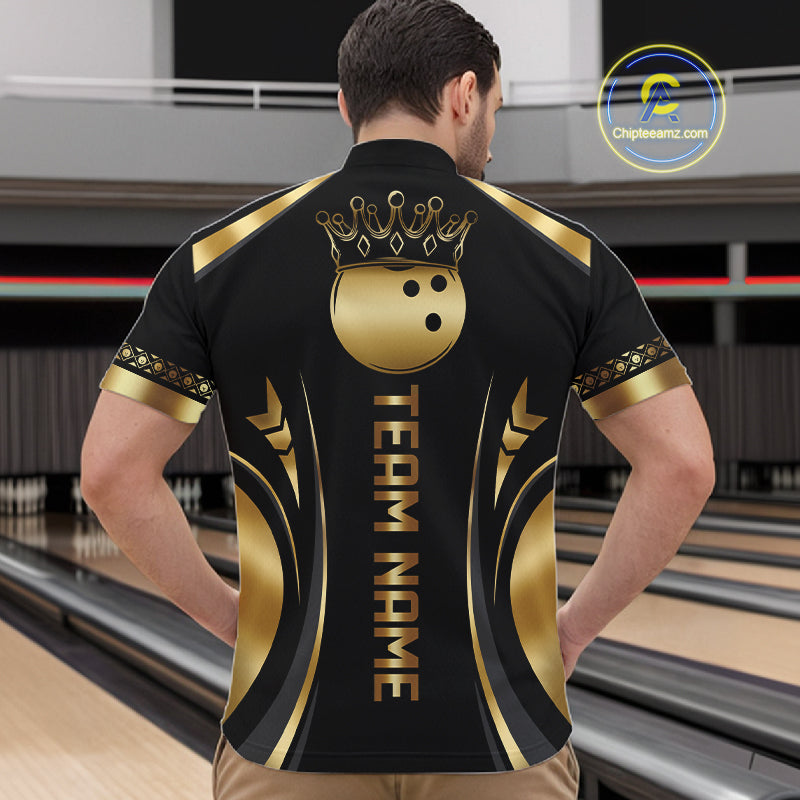 Custom Black And Gold Crown Swirl Bowling Shirts For Men Bowling League Team Jersey Polo, 1/4 Zip TDM7656