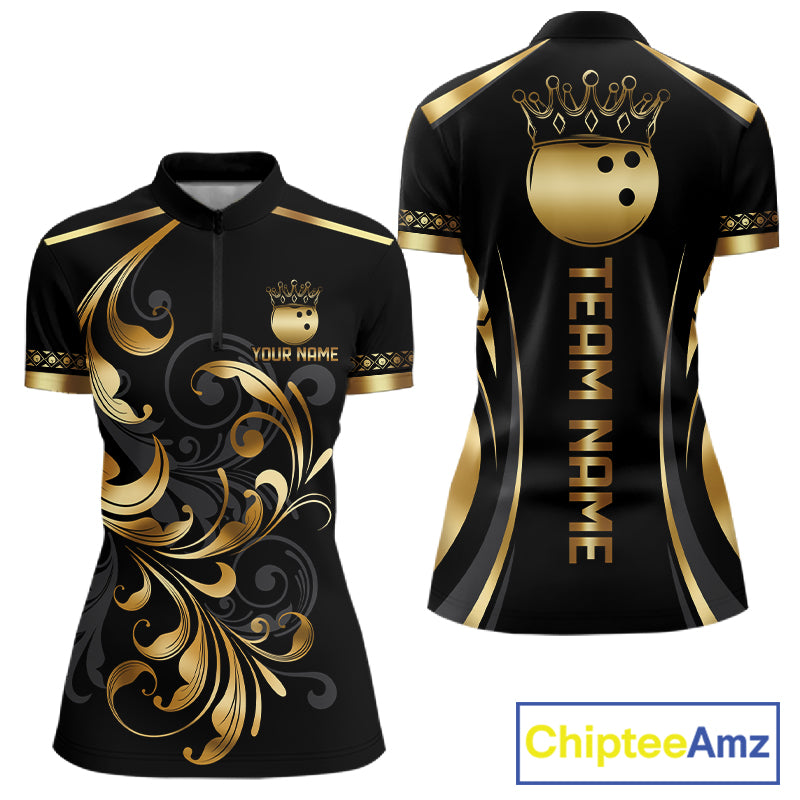 Custom Black And Gold Crown Swirl Bowling Shirts For Women Bowling League Team Jersey Polo, 1/4 Zip TDM7656