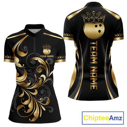 Custom Black And Gold Crown Swirl Bowling Shirts For Women Bowling League Team Jersey Polo, 1/4 Zip TDM7656