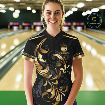 Custom Black And Gold Crown Swirl Bowling Shirts For Women Bowling League Team Jersey Polo, 1/4 Zip TDM7656
