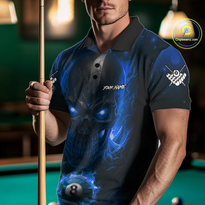Personalized Blue Billiard Skull Fire 8 Ball Pool Shirt For Men Custom Billiard Team Jersey TDM5079