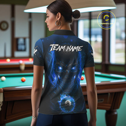 Personalized Blue Billiard Skull Fire 8 Ball Pool Shirt For Women Custom Billiard Team Jersey TDM5079