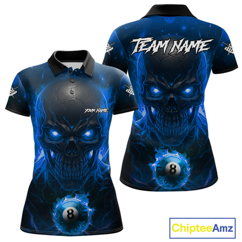 Personalized Blue Billiard Skull Fire 8 Ball Pool Shirt For Women Custom Billiard Team Jersey TDM5079