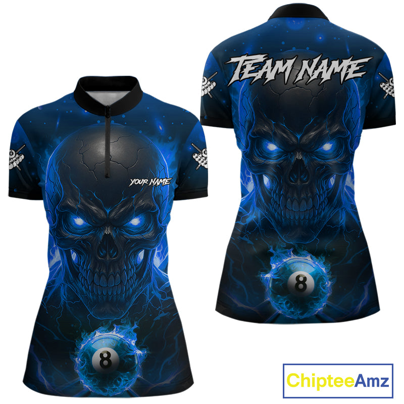 Personalized Blue Billiard Skull Fire 8 Ball Pool Shirt For Women Custom Billiard Team Jersey TDM5079