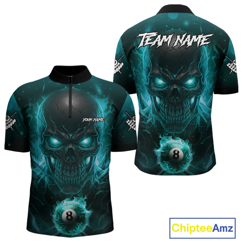 Personalized Turquoise Billiard Skull Fire 8 Ball Pool Shirt For Men Custom Billiard Team Jersey TDM5080