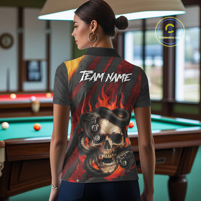 Personalized Skull And Snakes Flame Billiard Shirt For Women Custom 8 Ball Pool Team Jersey |Red TDM5084