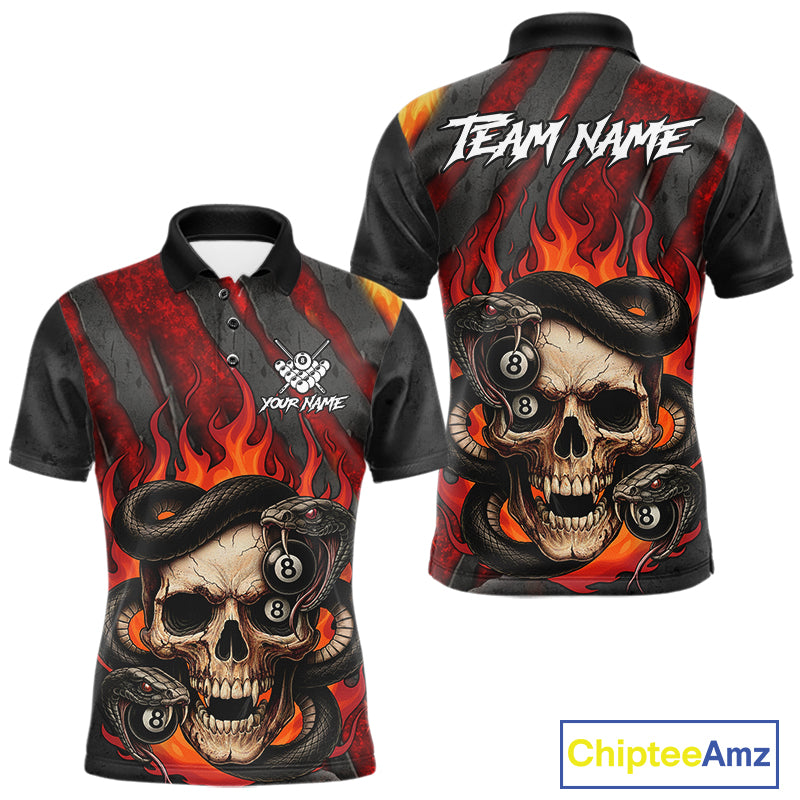 Personalized Skull And Snakes Flame Billiard Shirt For Men Custom 8 Ball Pool Team Jersey |Red TDM5084