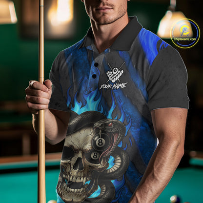 Personalized Skull And Snakes Flame Billiard Shirt For Men Custom 8 Ball Pool Team Jersey |Blue TDM5085