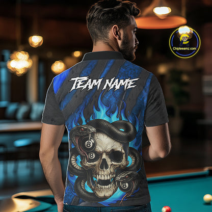Personalized Skull And Snakes Flame Billiard Shirt For Men Custom 8 Ball Pool Team Jersey |Blue TDM5085