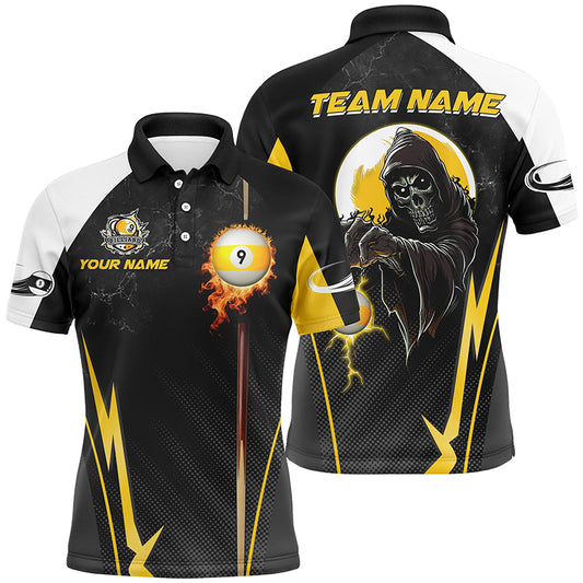 Funny Grim Reaper Billiard Ball 9 Fire Custom Men Polo Shirts, Best 9 Ball Pool Jerseys TDM1314