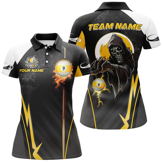 Funny Grim Reaper Billiard Ball 9 Fire Custom Women Polo Shirts, Best 9 Ball Pool Jerseys TDM1314