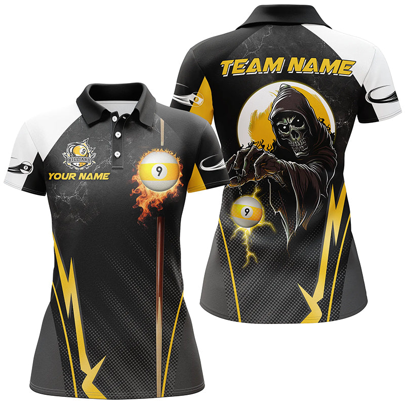 Funny Death Skeleton Billiard Ball 9 Fire And Cue Custom Women Polo Shirts, Best 9 Ball Pool Jerseys TDM1314