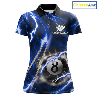 Blue 8 Ball Thunder Lightning Billiard Shirt For Women Custom Pool Team Jersey Polo & Quarter Zip TDM6170