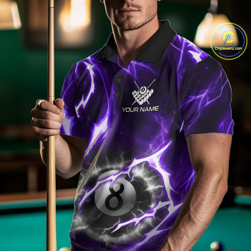 Purple 8 Ball Thunder Lightning Billiard Shirt For Men Custom Pool Team Jersey Polo & Quarter Zip TDM6171