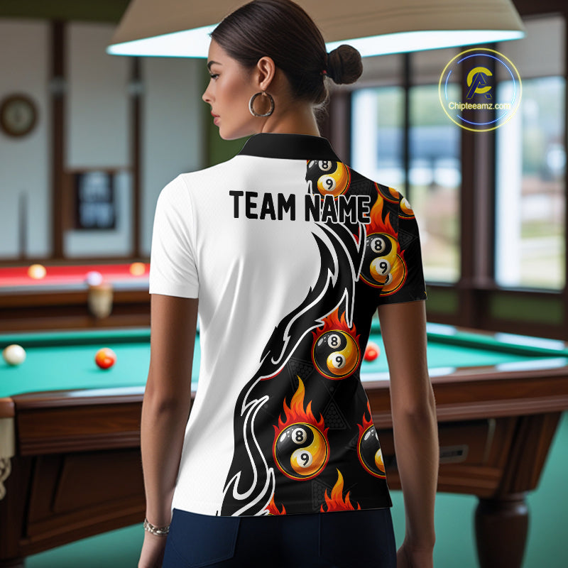 Custom Flame 8 Ball 9 Ball Billiard Shirt For Women, Billiard Pool Team Jersey Polo & 1/4 Zip Shirt TDM6175