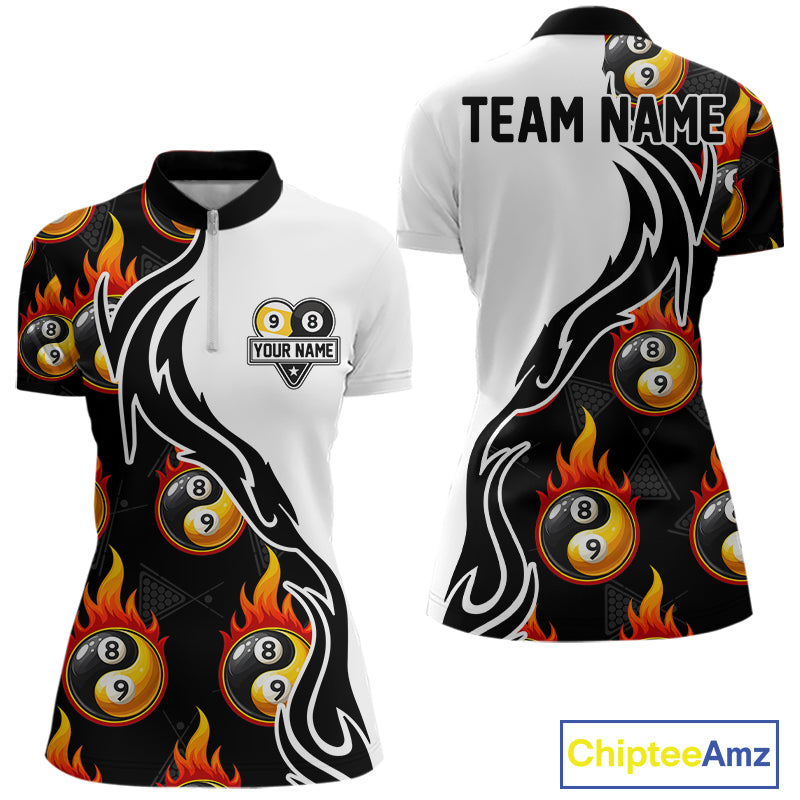 Custom Flame 8 Ball 9 Ball Billiard Shirt For Women, Billiard Pool Team Jersey Polo & 1/4 Zip Shirt TDM6175