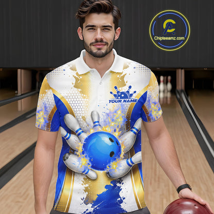 Bowling Ball Splatter Custom White, Blue & Gold Men's Bowling Shirt, Bowling Jersey Polo & 1/4 Zip TDM6178