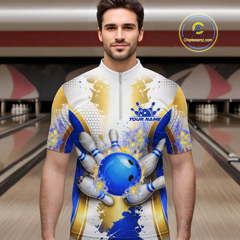 Bowling Ball Splatter Custom White, Blue & Gold Men's Bowling Shirt, Bowling Jersey Polo & 1/4 Zip TDM6178