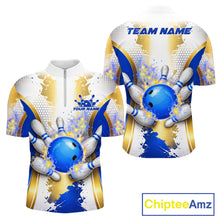 Load image into Gallery viewer, Bowling Ball Splatter Custom White, Blue &amp; Gold Men's Bowling Shirt, Bowling Jersey Polo &amp; 1/4 Zip TDM6178