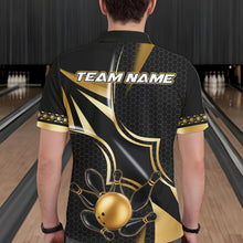 Load image into Gallery viewer, Back view of man wearing a black and gold bowling ball bowling polo shirt, custom bowling team jersey design.